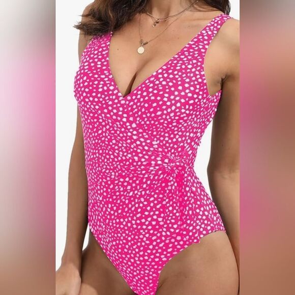 One Piece Swimsuit Low Back Tummy Control Ruched Retro Bathing Suit V Neck Wrap - Picture 1 of 8
